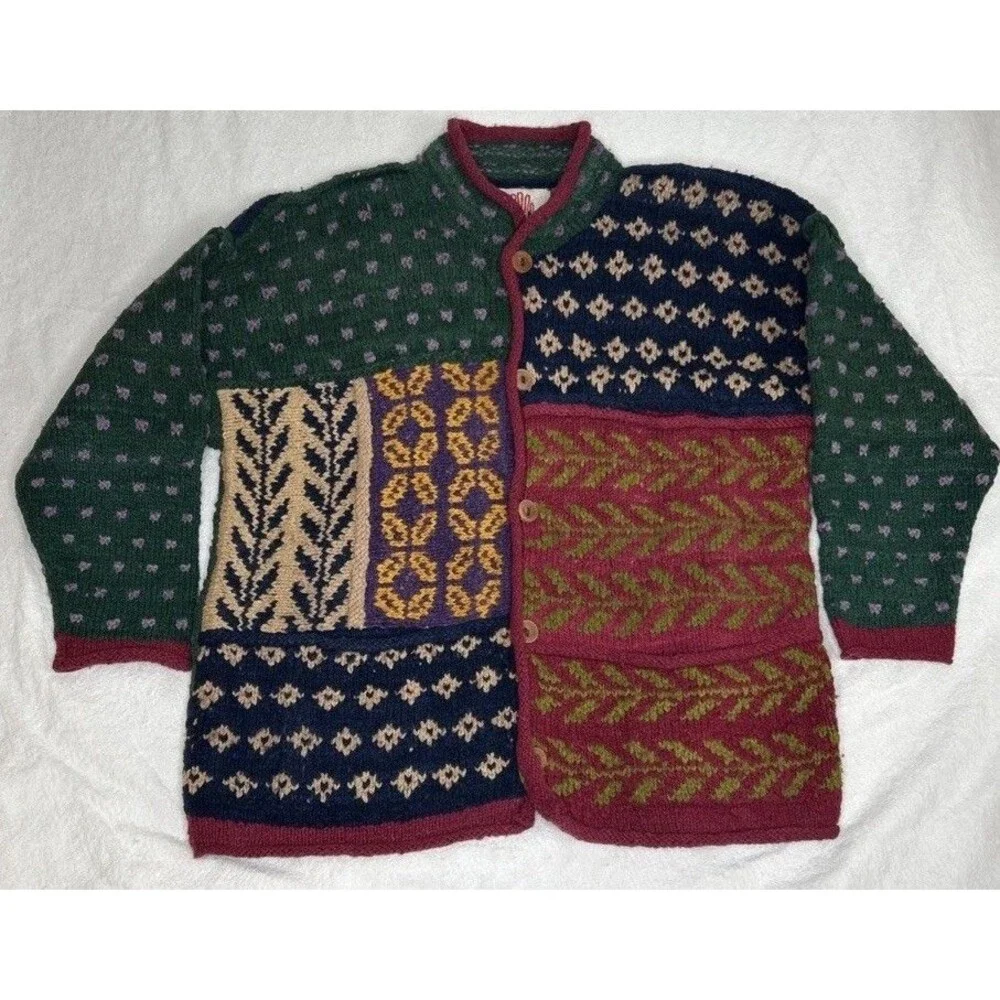 AMANO Geometric Pattern Hand-knitted Wool Cardigan Unisex Oversized Boxy Large